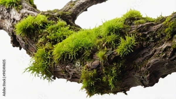 Fototapeta Green moss on rotten branch, isolated on white