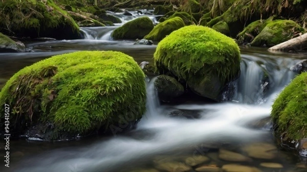 Obraz Green moss rock with forest stream, isolated image