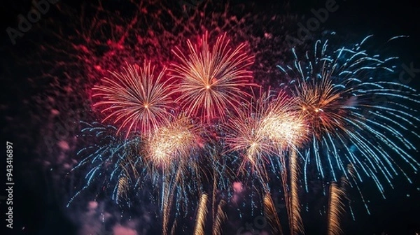 Fototapeta colorful fireworks on the black sky background with free space for text. Celebration and anniversary concept ,generative ai