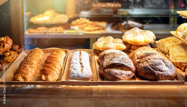 Fototapeta Burgers of all kinds such as soft white bread, whole wheat bread and croissants that are baked on the outside and soft on the inside, ready to serve as breakfast or a snack.