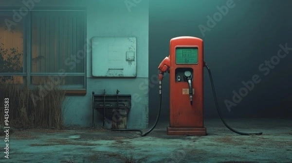 Fototapeta A Lone Gas Pump Under a Foggy Night Sky