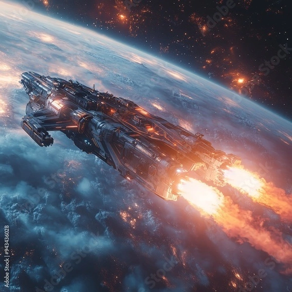 Fototapeta Detailed Sci-Fi Spaceship Orbiting a Destroyed Planet