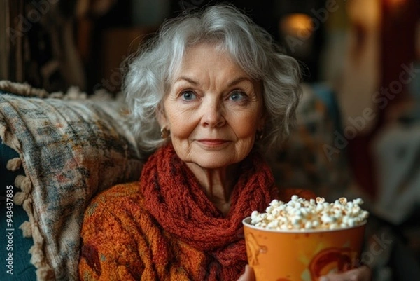Obraz Relaxed Senior Woman Enjoys Movie Night at Home, Sitting on Sofa with Popcorn and Comfortable Atti