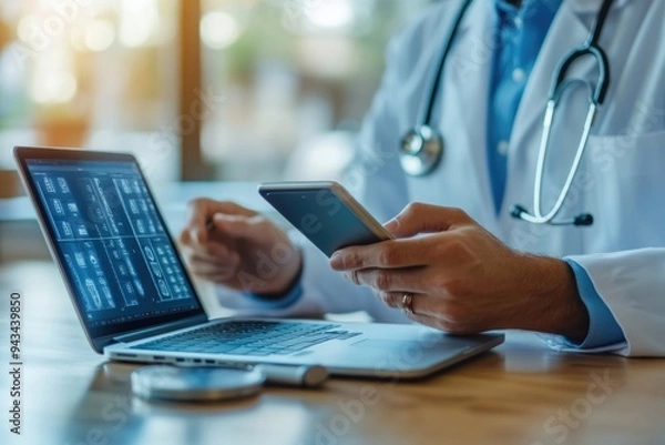 Fototapeta Advancements in Medical Technology: Doctor Using Mobile, Stethoscope, and Tablet in Modern Clinic