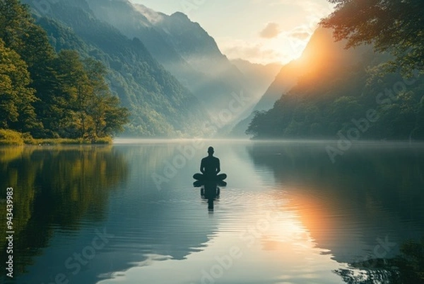 Fototapeta Discover Calm: Meditation for Stress Reduction in a Serene Setting with Ample Copy Space