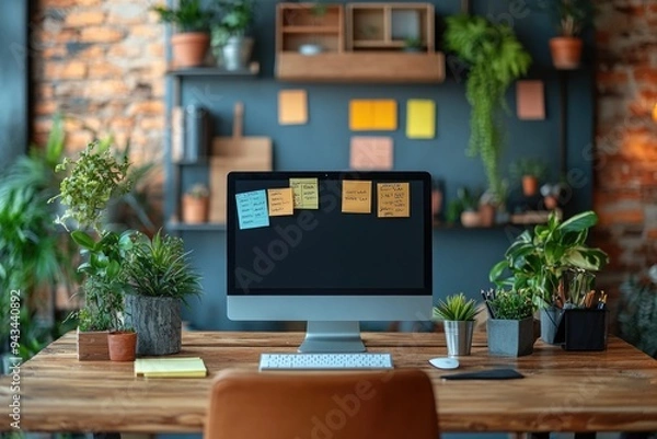 Obraz Cluttered Desk with Computer Monitor and Sticky Notes in a Light-Filled, Messy Office Space
