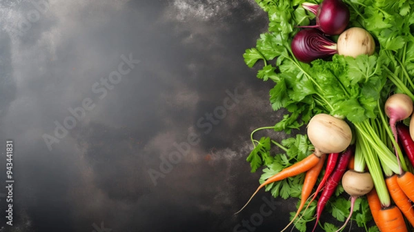 Fototapeta Fresh vegetables on rustic concrete background. Carrot, beetroot, radish, green peas, herbs, top view