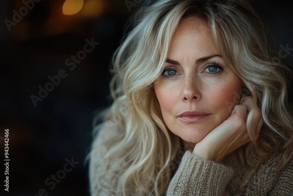 Fototapeta Middle-Aged Woman Deep in Thought, Hand on Chin, Reflecting on Life and Contemplating Decisions