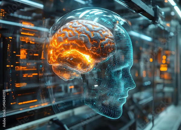 Obraz Digital representation of a human brain within a translucent head is displayed on futuristic backdrop in a high-tech laboratory, showcasing advancements in neuroscience and artificial intelligence.