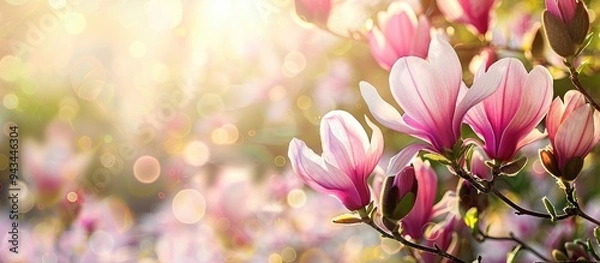 Fototapeta Spring garden with pink magnolia flowers on a floral backdrop with copy space image