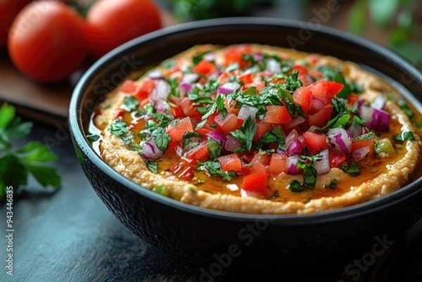 Obraz Delicious Fusion Dip: Creamy Guacamole and Hummus Blend Served in a Black Bowl