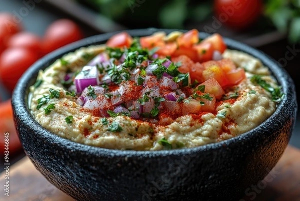 Obraz Delicious Fusion Dip: Creamy Guacamole and Hummus Blend Served in a Black Bowl
