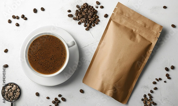 Fototapeta Packaging of coffee on a wooden table with coffee, ground beans on a blurred background. Coffee packaging mockup with empty space for design.