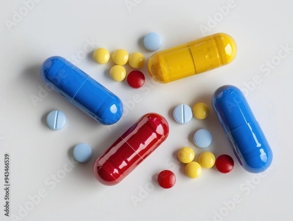 Fototapeta An arrangement features yellow and red capsules along with blue tablets scattered on a light background, showcasing different shapes and colors