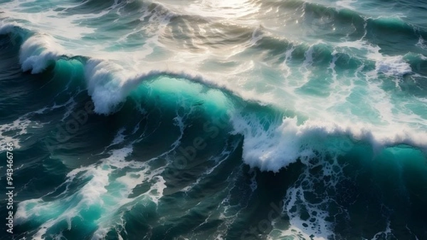 Fototapeta Beautiful backdrop image of ocean waves slamming in the deep sea taken from an aerial top view. Sea wave background for a drone photo with bird eye waves.