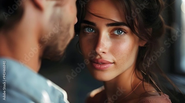 Obraz Pretty woman looking to handsome man face to face. Portrait of  beautiful woman with handsome man. Attractive couple looking to each other. Tttractive woman looking