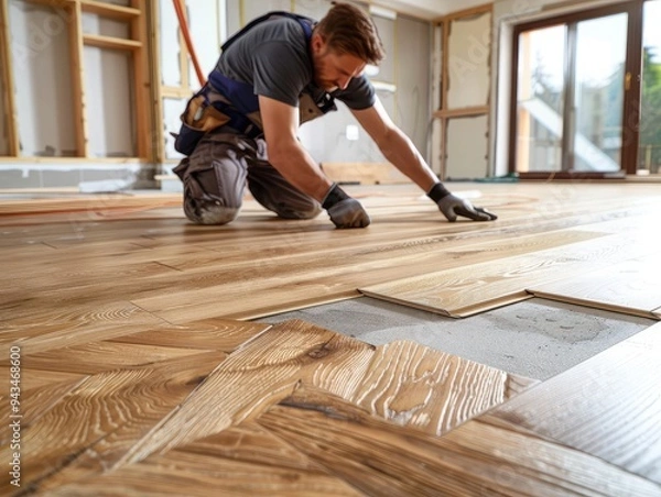 Obraz Worker Installing Hardwood Flooring in Bright Room