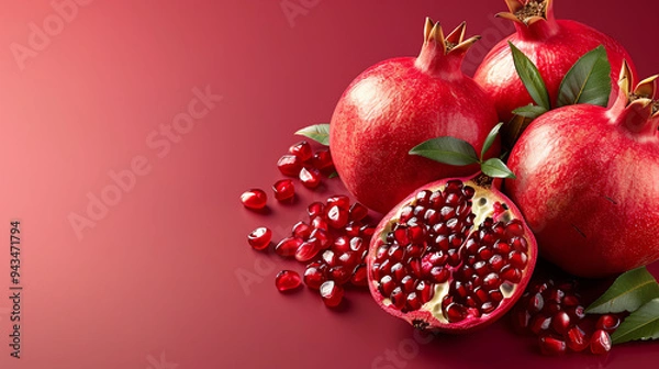 Fototapeta Fresh red pomegranates with seeds scattered on a red background.