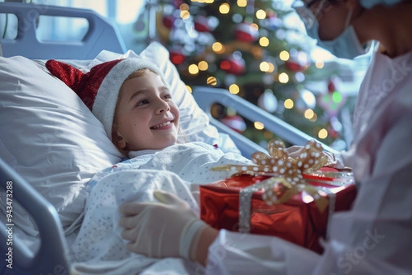 Obraz A member of the government visits a sick child in the hospital to help cheer up the patient. Christmas gifts for sick children.