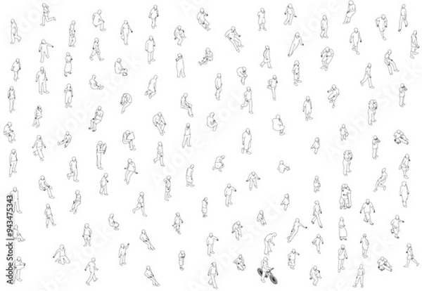 Obraz Set with people outlines in different positions from black lines isolated on white background. Men, women and children walking, running, standing, sitting. Isometric view. Vector illustration. 3D