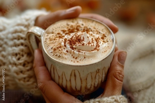 Obraz A closeup of hands holding a pumpkin spice latte, with cozy knit sleeves peeking into the frame