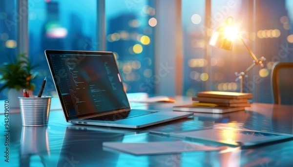 Fototapeta Laptop on Desk with City View and Sunset