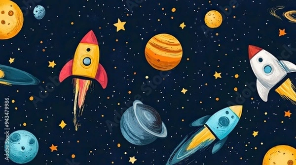 Fototapeta Colorful space-themed wallpaper featuring rockets, planets, and stars, perfect for a child's adventurous bedroom.