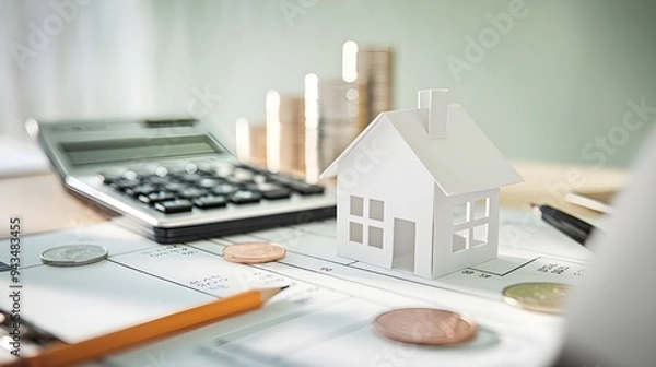 Fototapeta Tax day, House model, house placed on a white surface, next to a calculator, a pencil, and some coins, symbolizing home finances, budgeting, or real estate planning.