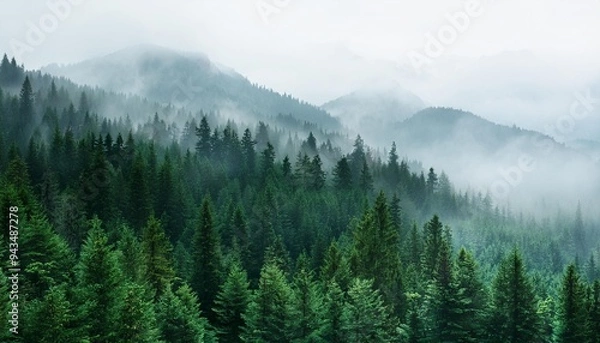 Fototapeta mountain forest background with fog around trees dark green panorama walpaper background gernerative ai panorama