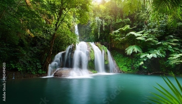 Fototapeta waterfall in forest waterfall in the jungle tropical landscape in the jungle plants and green trees in the jungle waterfall with lake in the forest