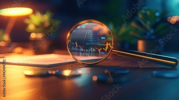 Fototapeta A close-up view of a magnifying glass reflecting financial charts, symbolizing analysis and investment in a cozy workspace.
