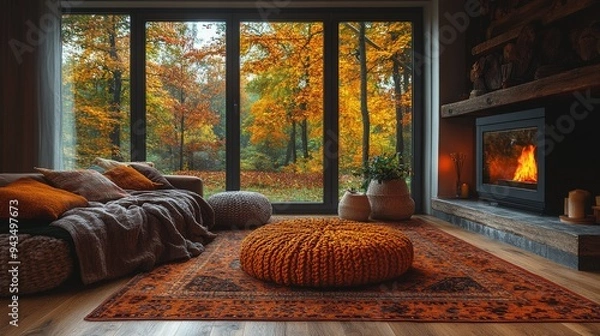 Obraz A cozy living room with a warm fireplace and soft blankets during autumn evenings