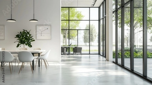 Fototapeta A spacious, modern office featuring large floor-to-ceiling windows, abundant natural light, and lush indoor plants, creating a bright and inviting work environment..