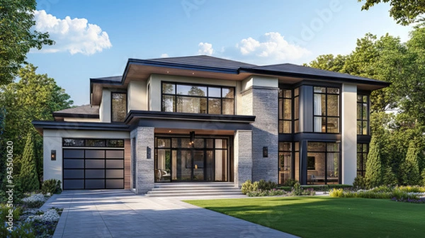 Fototapeta A 3D illustration of a newly built luxury home, highlighting its modern design and upscale features. --ar 16:9 --v 6.1 Job ID: 292e090f-3524-48fc-b2f6-c3fe2719f05b