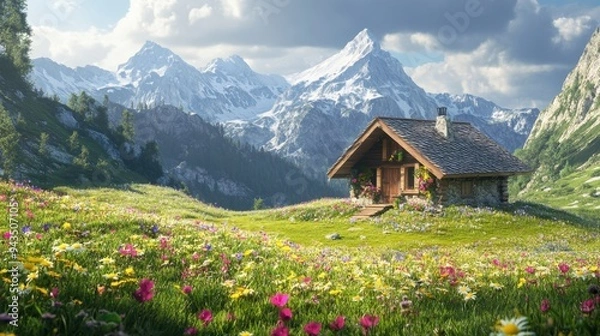 Fototapeta Rustic hut nestled in the heart of the mountains, surrounded by wildflowers and breathtaking alpine views.