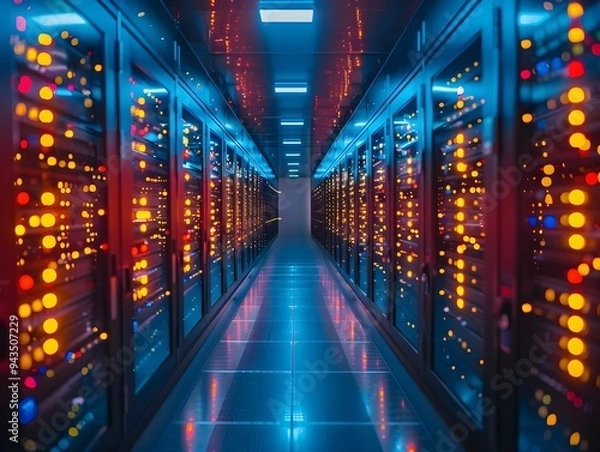 Fototapeta Illuminated server room showcasing rows of high-tech servers with colorful LED lights reflecting off polished floors