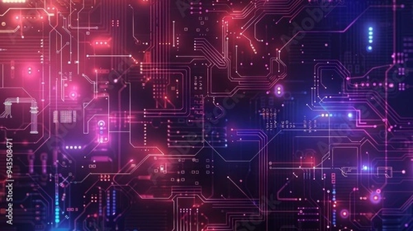 Fototapeta Abstract Circuit Board with Neon Lights