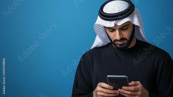 Obraz Arab man using mobile, isolated background