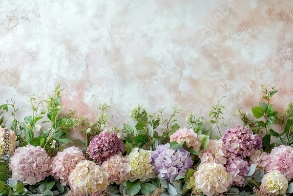 Fototapeta A border of pink, purple and white hydrangeas with green leaves and stems against a white textured background with space for text.