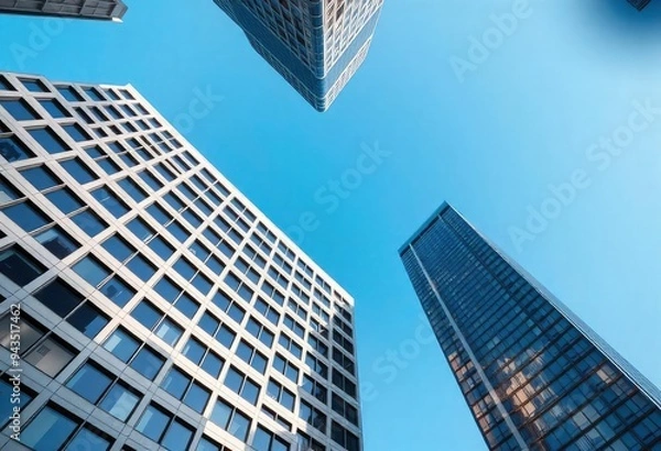 Fototapeta Looking Up modern high-rise office buildings with blue sky in the background, ai