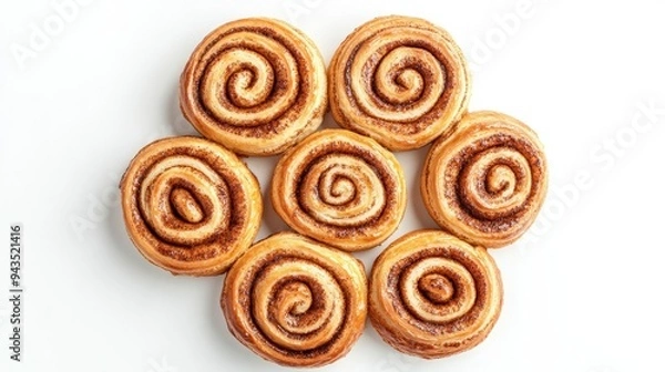 Fototapeta A top view of freshly baked cinnamon rolls, arranged in a tight circle, isolated on a white background, with emphasis on the spiral patterns and rich filling