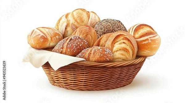 Obraz A basket of assorted bread rolls, bakery collection, realistic style, variety of textures, isolated on white background