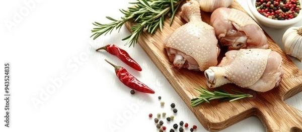 Obraz Food ingredients like raw chicken thigh garlic red pepper and rosemary on a wooden cutting board arranged for cooking on a white background with copy space image