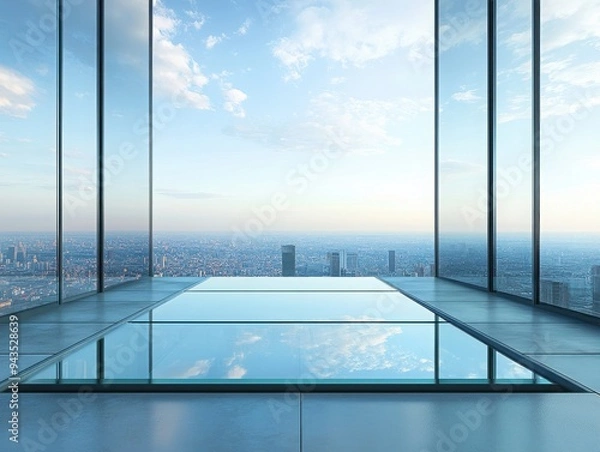Fototapeta Transparent podium elevated on a glass floor, boasting a breathtaking view of the cityscape below, enhancing the feeling of openness with designated space for text on the right