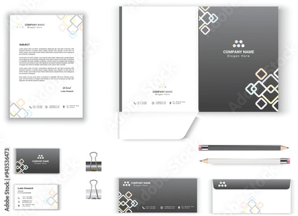 Fototapeta stationery set for business office vector design with letterhead, envelope, presentation folder, business card geometrical design stationary set