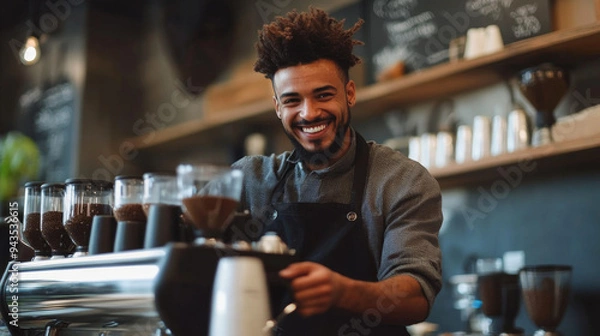 Obraz Smiling barista making a coffee at a trendy cafe