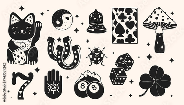 Obraz Lucky Items in Linocut Style. Trendy vector illustration.