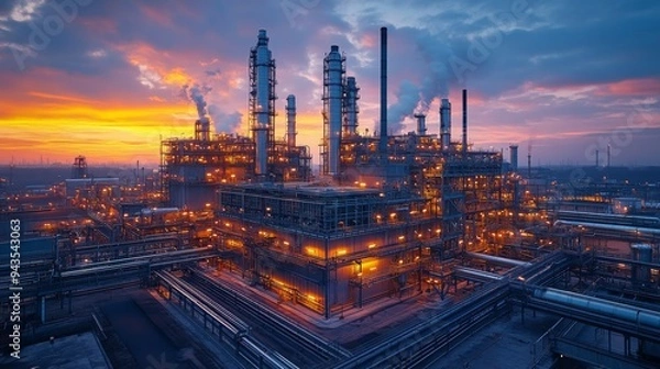 Fototapeta A hybrid carbon capture system captures emissions at dusk, with smoke rising from tall chimneys against a vibrant sky.