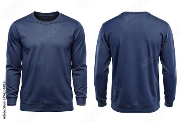 Fototapeta Set of dark blue front and back view tee sweatshirt mockup template isolated on white background with copy space. Sweater, long sleeve, hoodie mock up. 