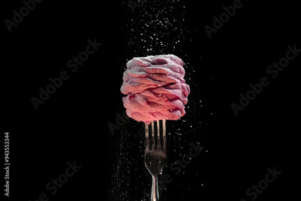 Fototapeta Marshmallows on a fork on a black background. Marshmallow.